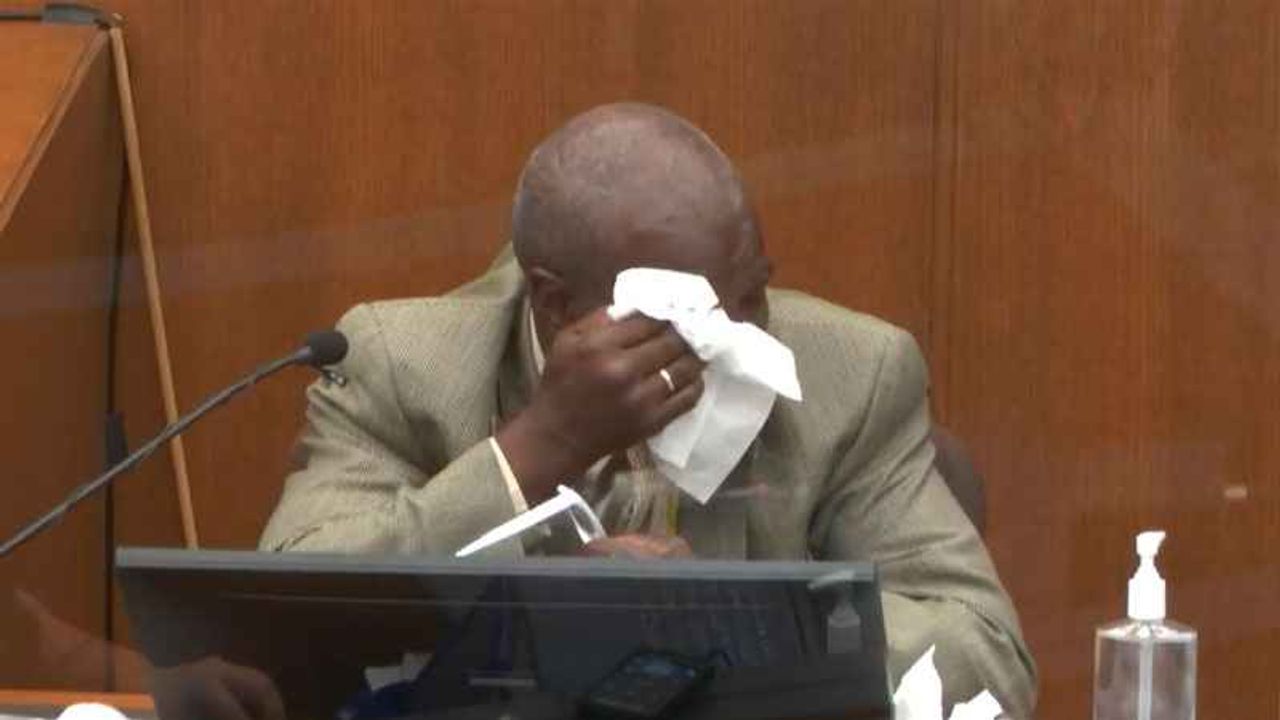 In this image from video, witness Charles McMillian becomes emotional as he answers questions as Hennepin County Judge Peter Cahill presides Wednesday, March 31, 2021, in the trial of former Minneapolis police Officer Derek Chauvin at the Hennepin County Courthouse in Minneapolis, Minn.