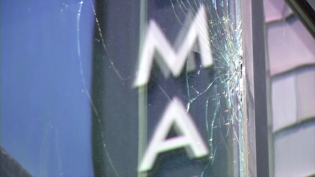 A shattered window at the Marquee apartments