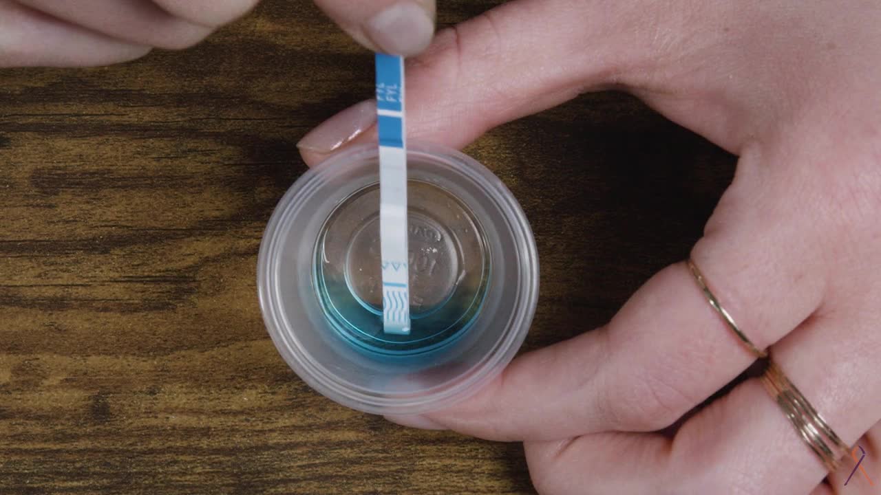 Dip the fentanyl test strips in a solution for 15 seconds