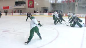 Minnesota Wild players practice at the TRIA Rink in St. Paul on Thursday, April 27, 2023