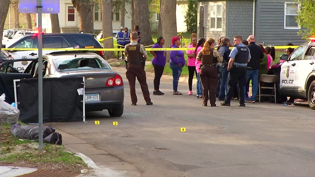 Police block off the scene where a man was fatally shot in a car Monday, May 8, 2023, on Hillside Avenue in Minneapolis. (KSTP)